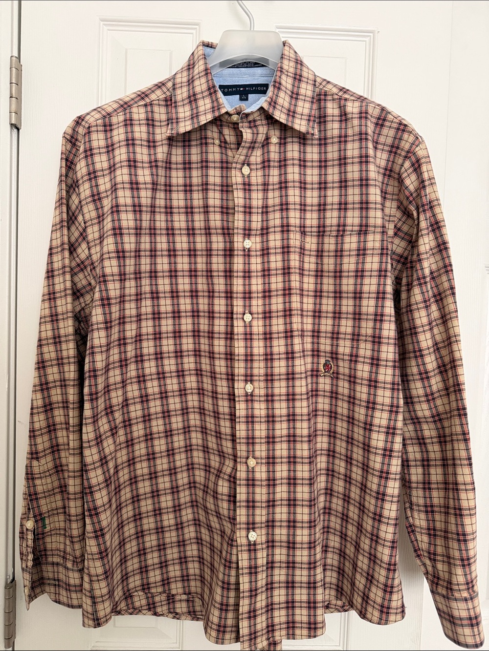 Tommy Hilfiger Men’s Beige and Burgundy Plaid Button-Down Shirt
